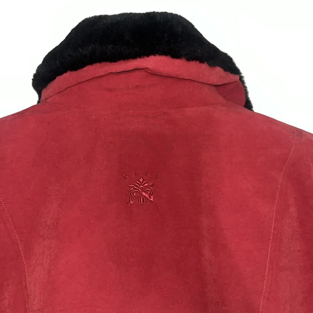 Women’s Vintage Nila Skiwear Size 12 Red And Black Jacket W Faux Fur Collar